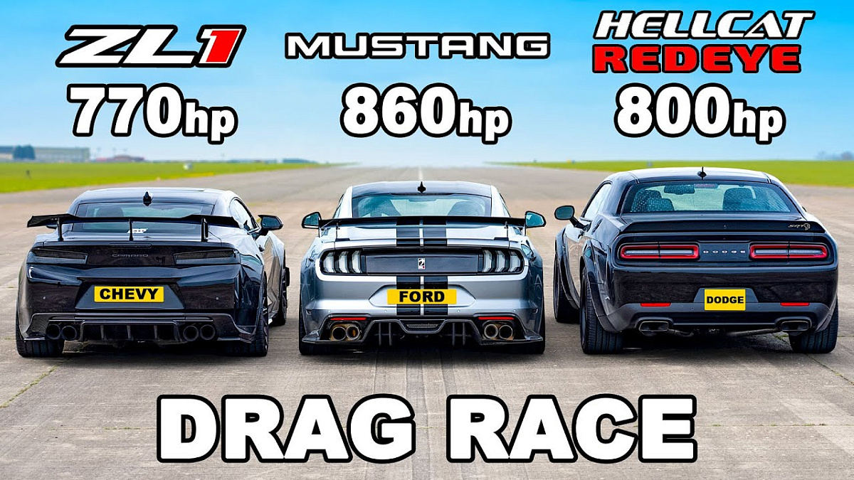 В этой гонке участвует тюнингованный Camaro, Mustang и стоковый Challenger SRT Hellcat Redeye