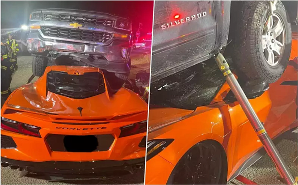 В результате аварии пикап раздавил спорткар Chevrolet Corvette C8