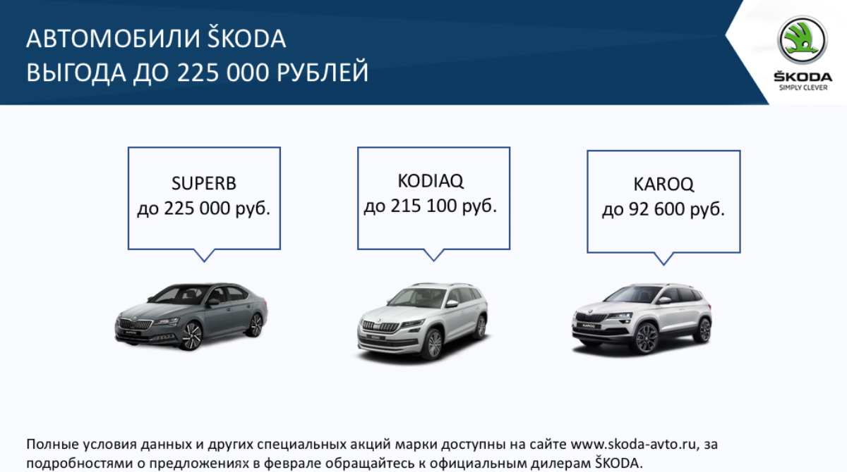 Компания Skoda рассказала о февральских скидках на свои авто в России