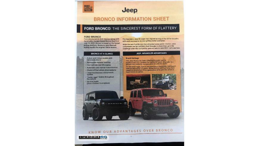 В этой брошюре говорится, что Jeep Wrangler во всем превосходит Ford Bronco