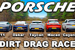 Драг-рейсинг по грязи, участвуют Porsche 911 Dakar, 911 GTS, Taycan, Macan, Cayenne 