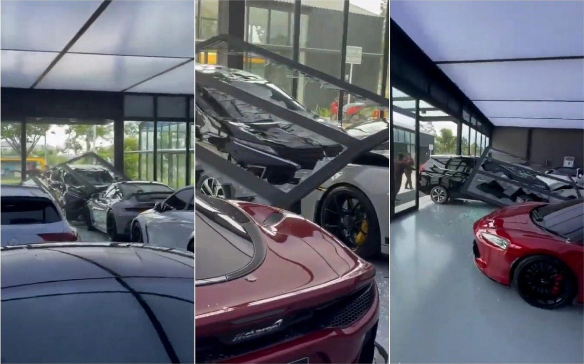 Минивэн протаранил дилерский центр и повредил роскошный суперкар Porsche GT3